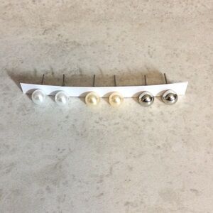 NWT 3 Pairs Pearl and Metal Stud Earrings - White, Cream, Silver